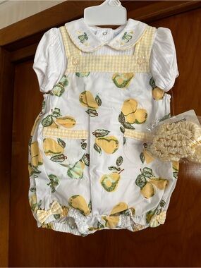 NWT First Moments 3 Pc Pear Bubble Romper Set 6-9M 100% Cotton